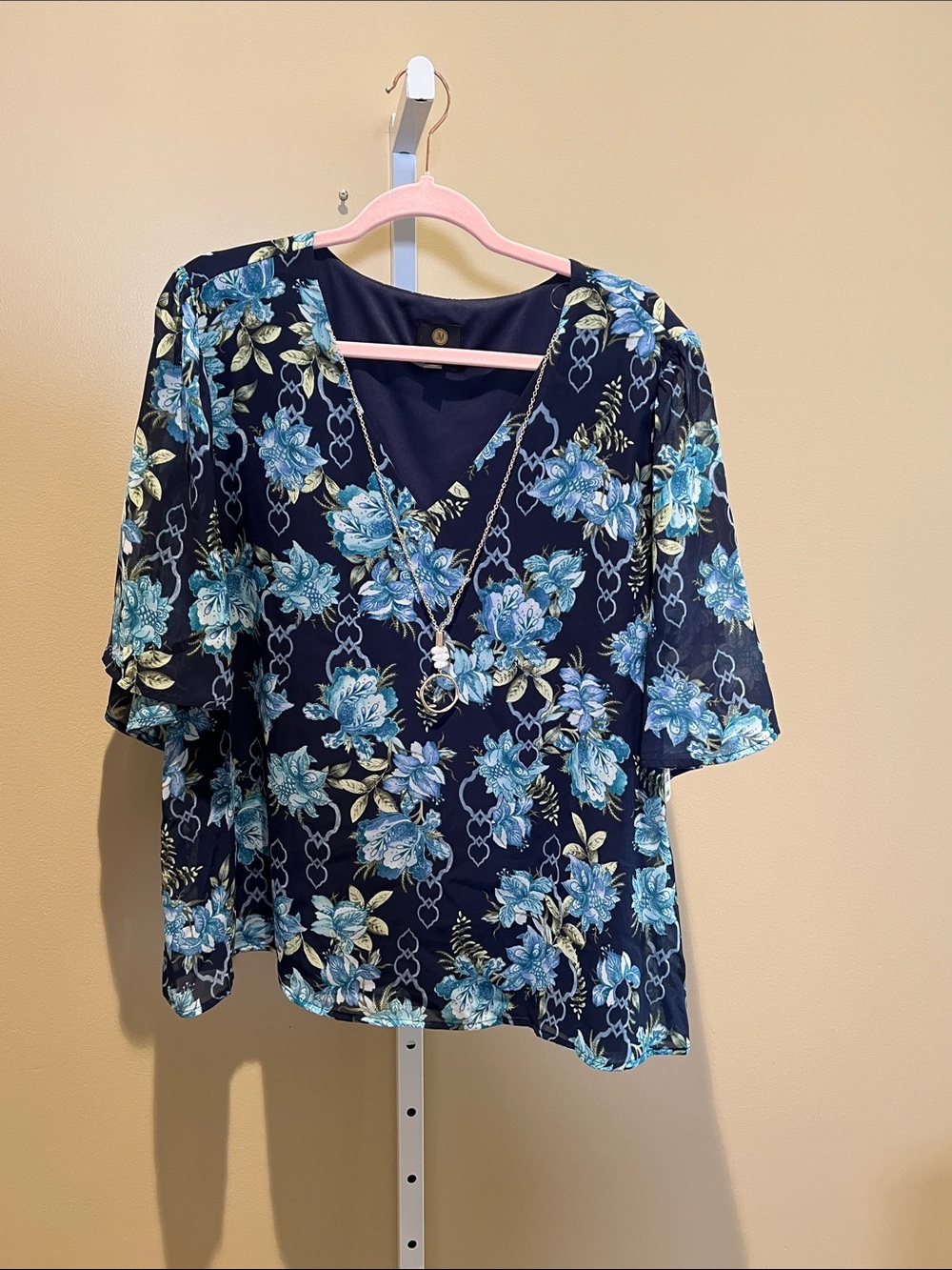 JM Collection Navy Floral V-Neck Blouse with Blue Bloom Pattern